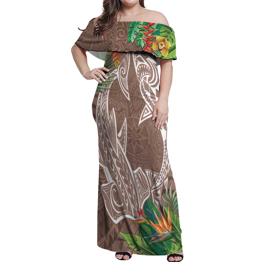 Polynesia Off Shoulder Maxi Dress Sharks Duo Tropical Brown