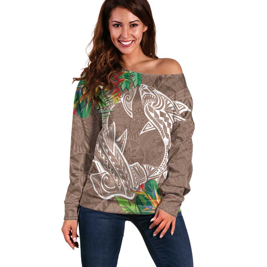 Polynesia Off Shoulder Sweater Sharks Duo Tropical Brown LT7 Women Brown - Polynesian Pride