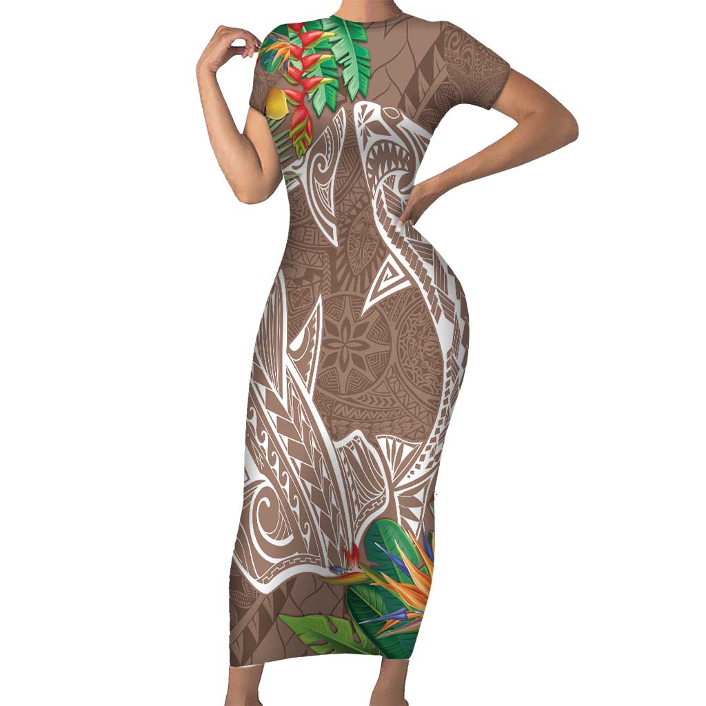 Polynesia Short Sleeve Bodycon Dress Sharks Duo Tropical Brown LT7 Long Dress Brown - Polynesian Pride