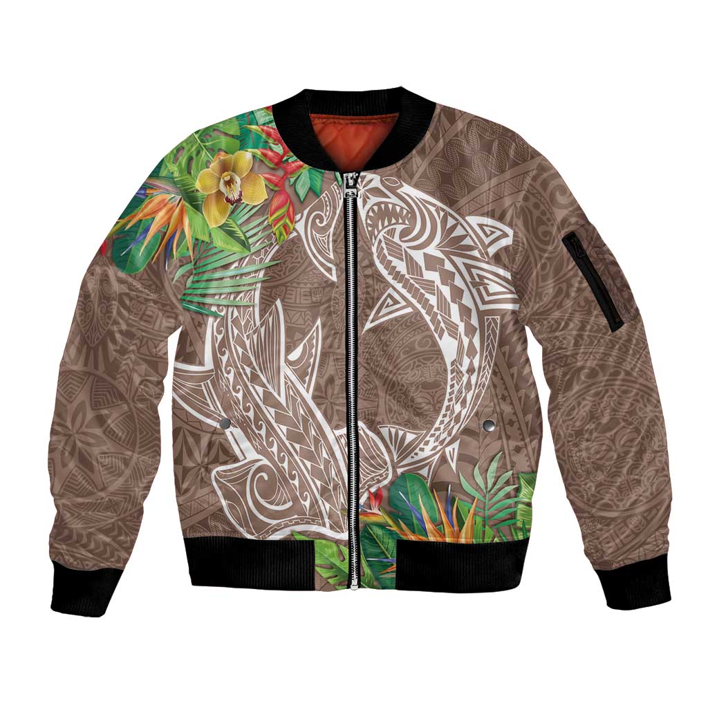Polynesia Sleeve Zip Bomber Jacket Sharks Duo Tropical Brown LT7 Unisex Brown - Polynesian Pride