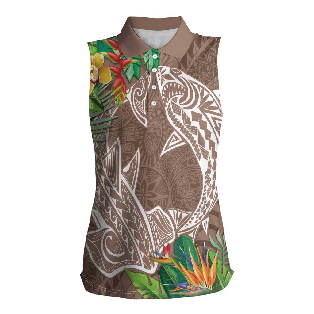Polynesia Women Sleeveless Polo Shirt Sharks Duo Tropical Brown