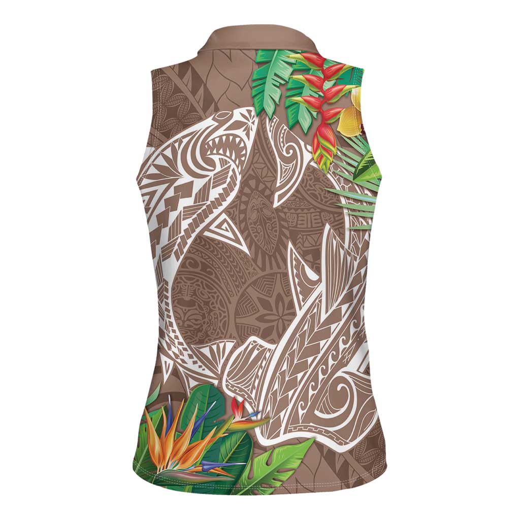 Polynesia Women Sleeveless Polo Shirt Sharks Duo Tropical Brown
