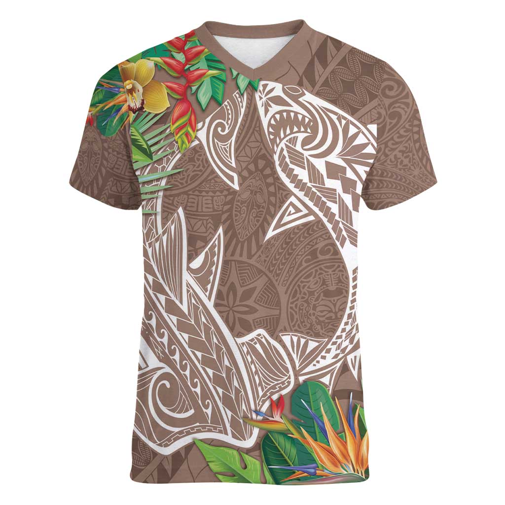 Polynesia Women V-Neck T-Shirt Sharks Duo Tropical Brown