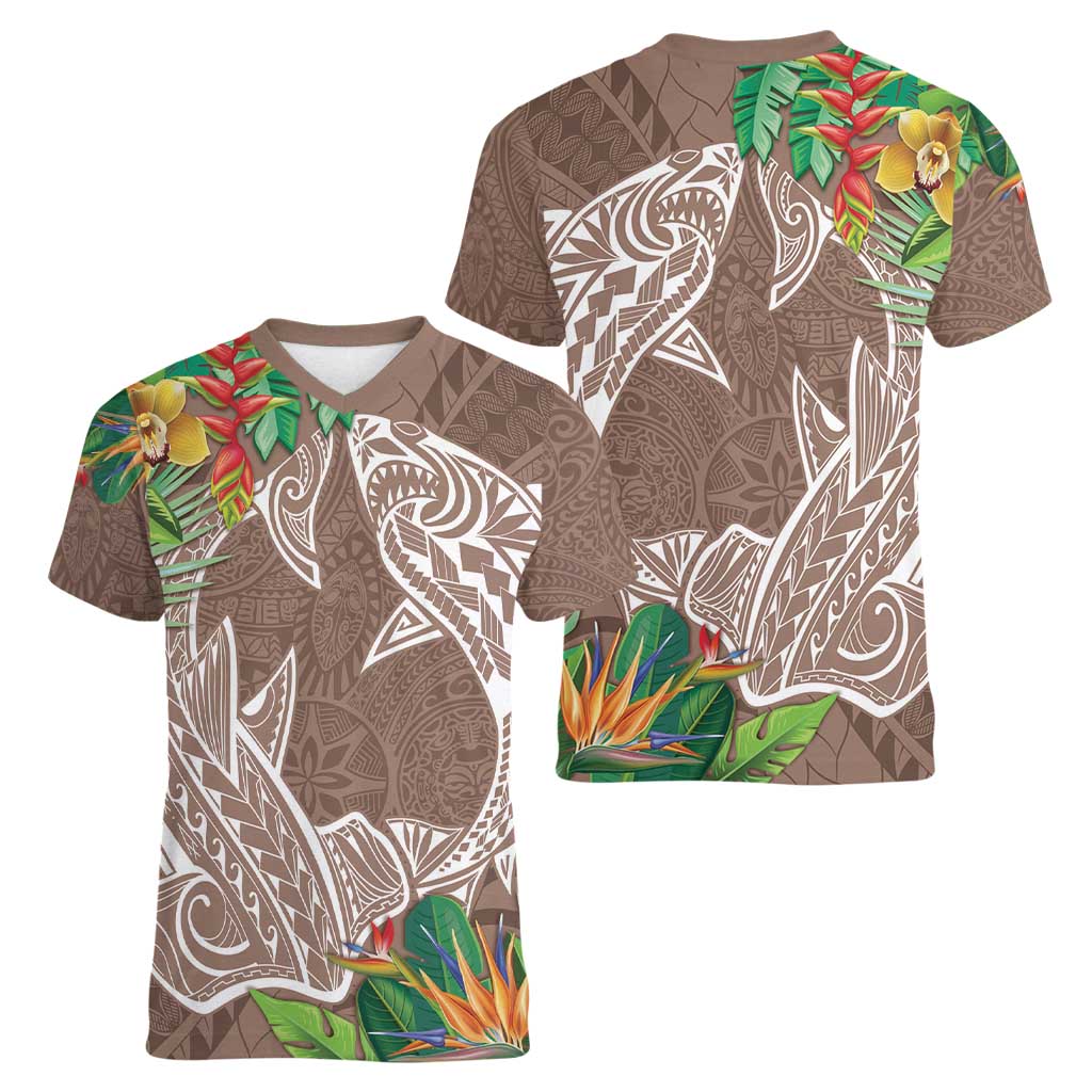 Polynesia Women V-Neck T-Shirt Sharks Duo Tropical Brown