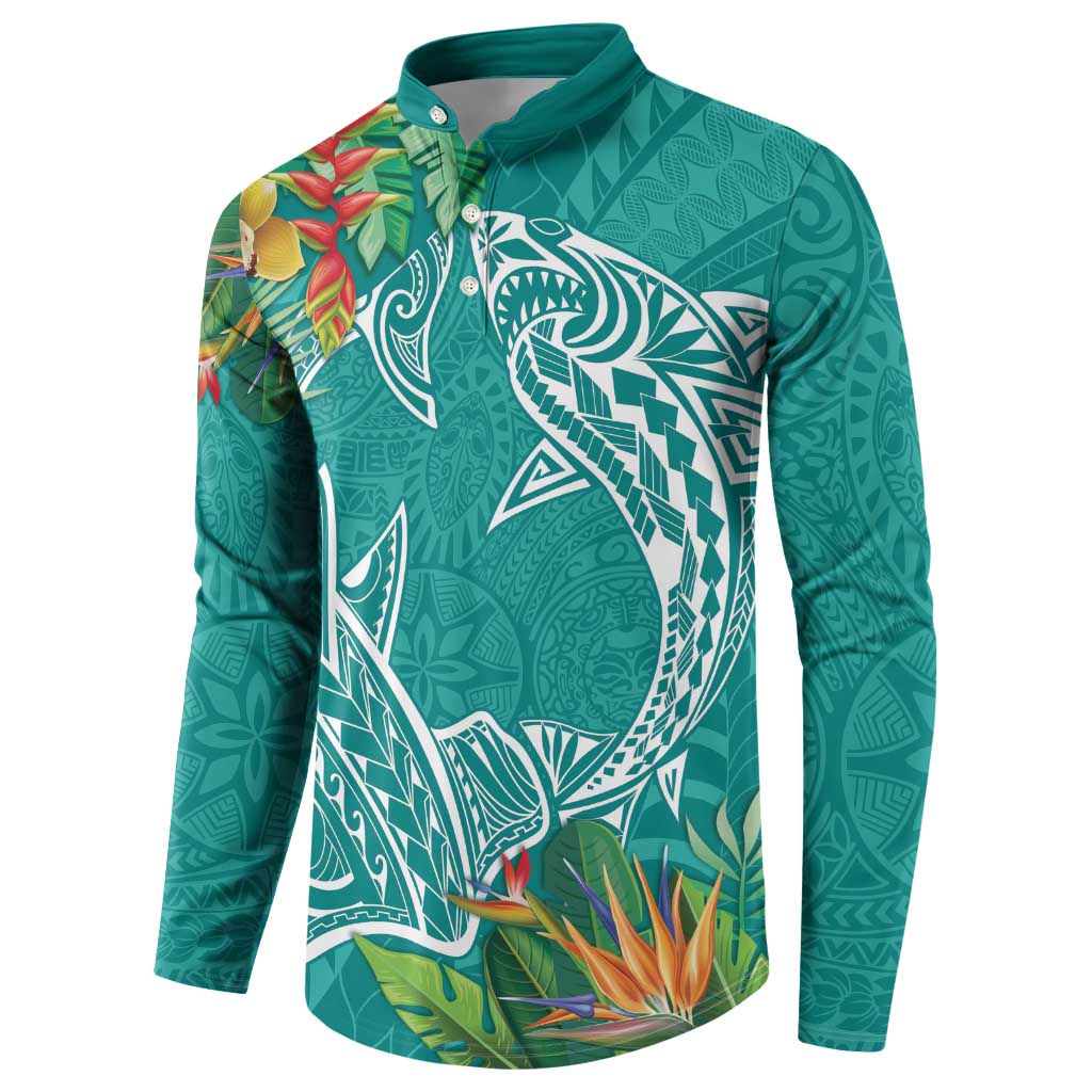 Polynesia Button Sweatshirt Sharks Duo Tropical Teal