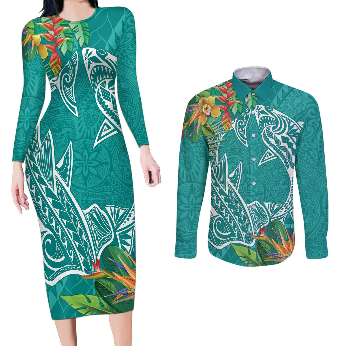 Polynesia Couples Matching Long Sleeve Bodycon Dress and Long Sleeve Button Shirt Sharks Duo Tropical Teal