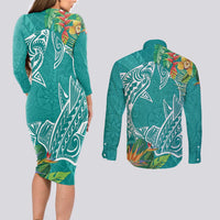 Polynesia Couples Matching Long Sleeve Bodycon Dress and Long Sleeve Button Shirt Sharks Duo Tropical Teal