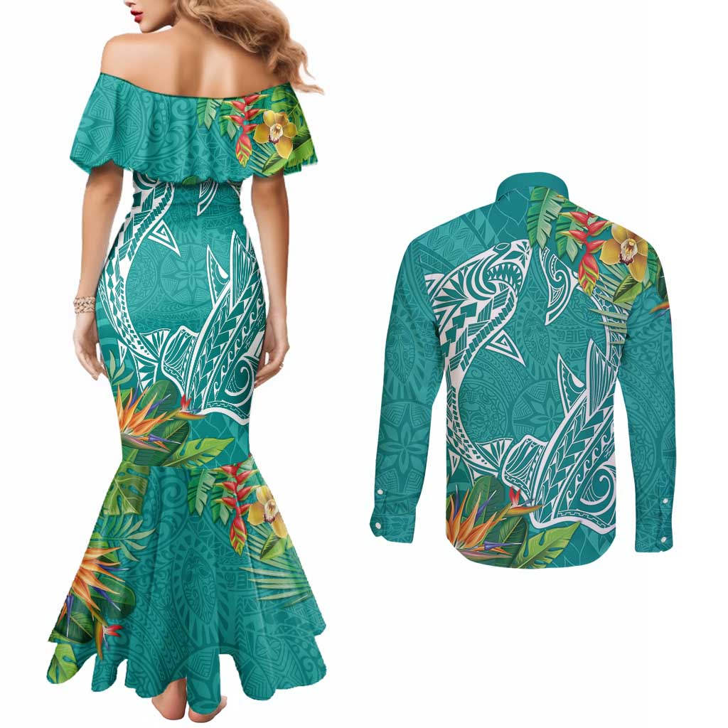 Polynesia Couples Matching Mermaid Dress and Long Sleeve Button Shirt Sharks Duo Tropical Teal