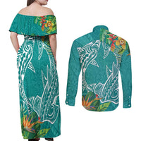 Polynesia Couples Matching Off Shoulder Maxi Dress and Long Sleeve Button Shirt Sharks Duo Tropical Teal