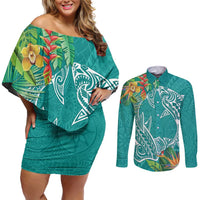 Polynesia Couples Matching Off Shoulder Short Dress and Long Sleeve Button Shirt Sharks Duo Tropical Teal