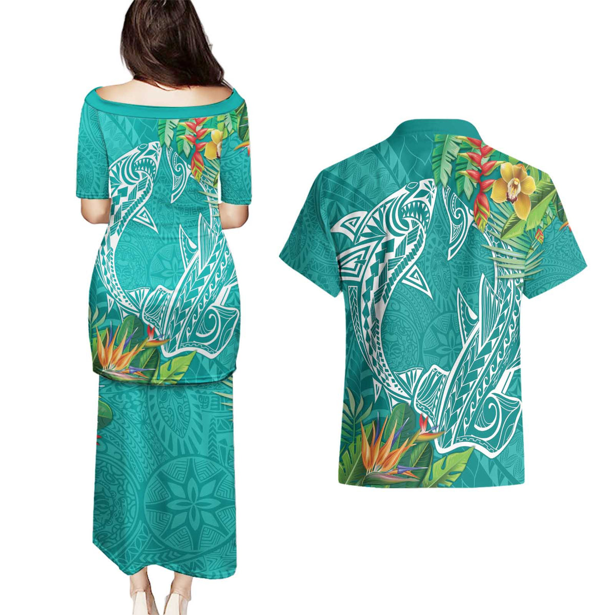 Polynesia Couples Matching Puletasi and Hawaiian Shirt Sharks Duo Tropical Teal