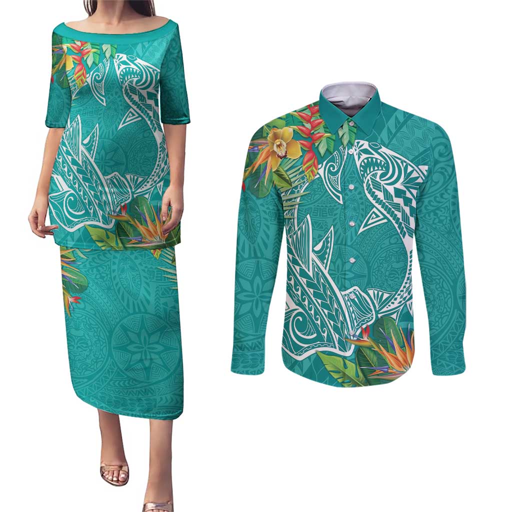 Polynesia Couples Matching Puletasi and Long Sleeve Button Shirt Sharks Duo Tropical Teal