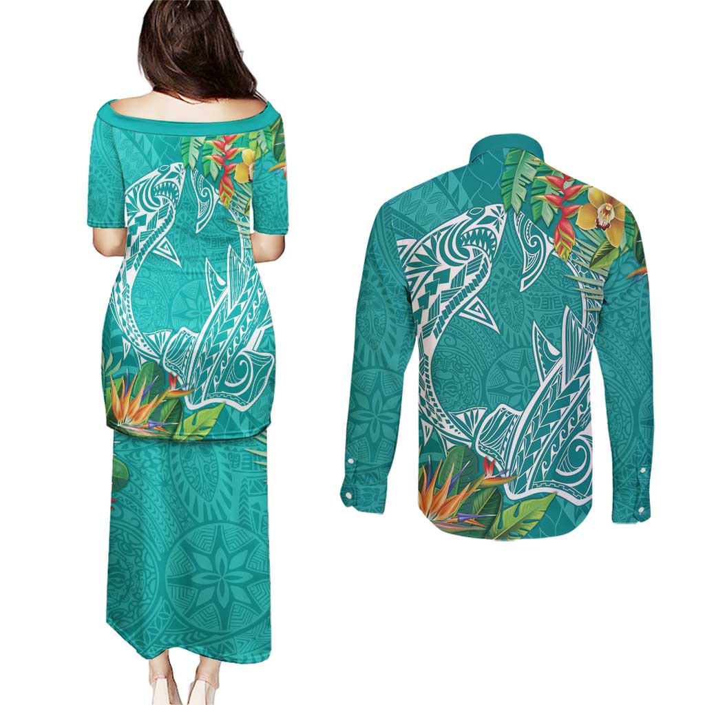 Polynesia Couples Matching Puletasi and Long Sleeve Button Shirt Sharks Duo Tropical Teal
