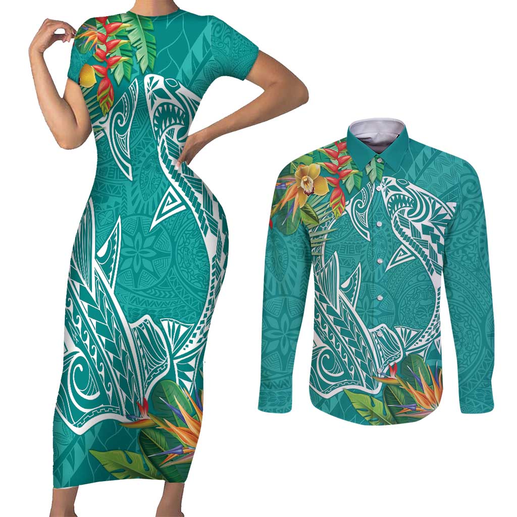 Polynesia Couples Matching Short Sleeve Bodycon Dress and Long Sleeve Button Shirt Sharks Duo Tropical Teal