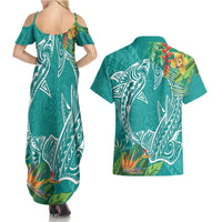 Polynesia Couples Matching Summer Maxi Dress and Hawaiian Shirt Sharks Duo Tropical Teal