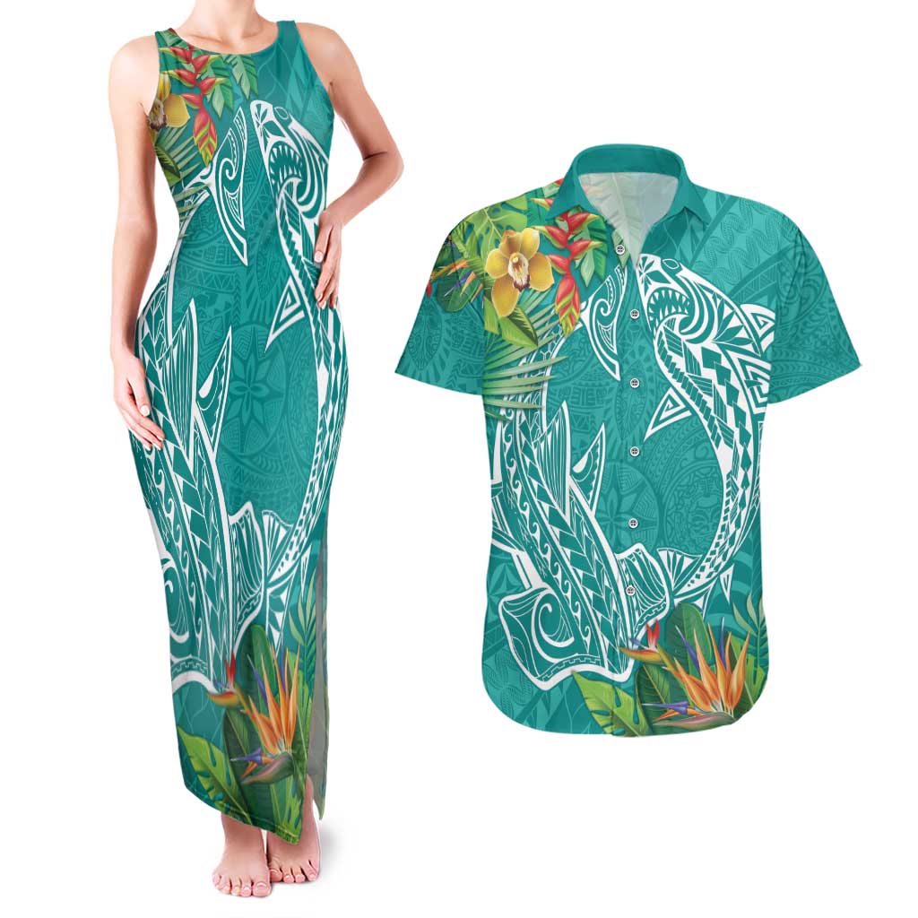 Polynesia Couples Matching Tank Maxi Dress and Hawaiian Shirt Sharks Duo Tropical Teal