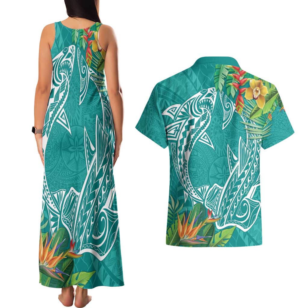 Polynesia Couples Matching Tank Maxi Dress and Hawaiian Shirt Sharks Duo Tropical Teal