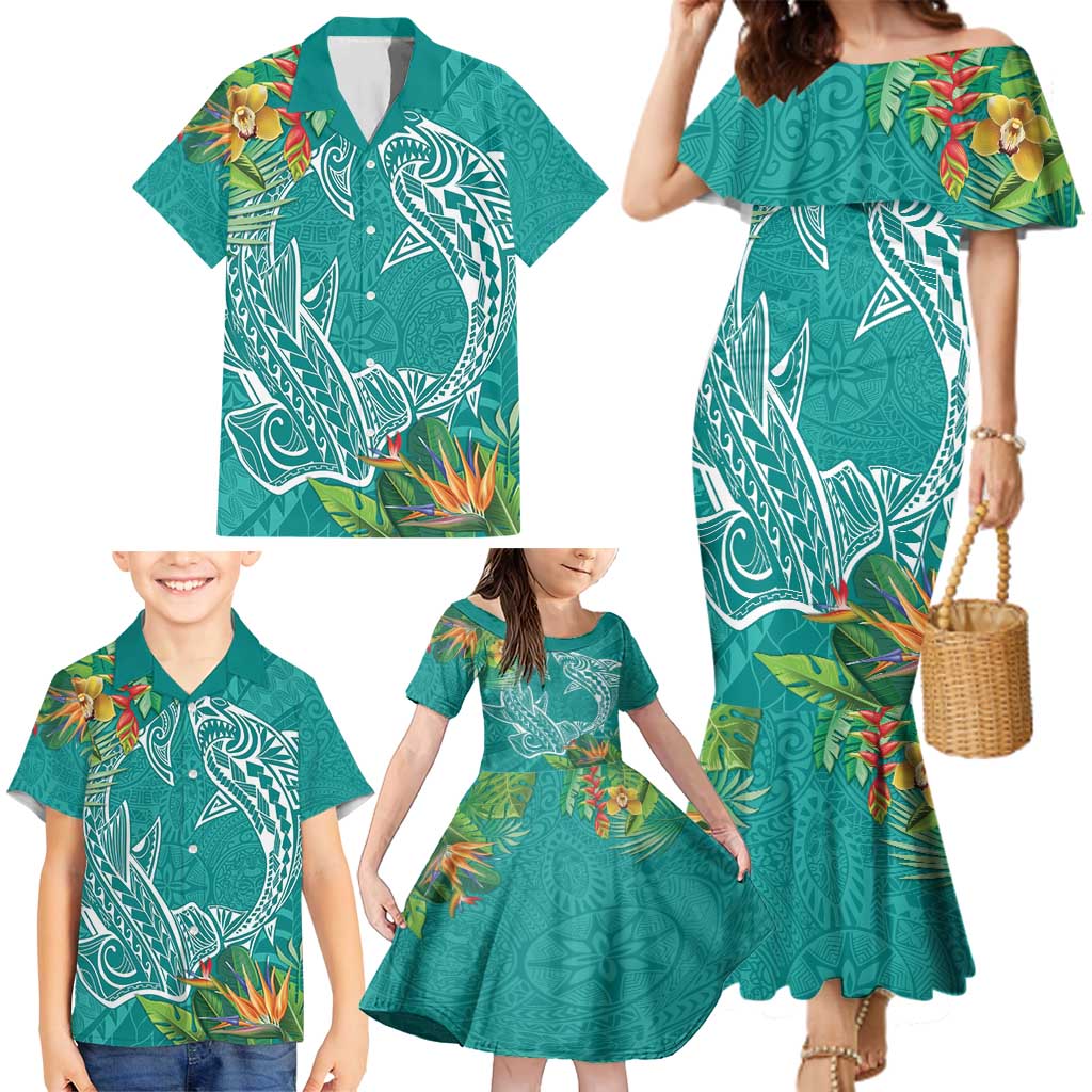 Polynesia Family Matching Mermaid Dress and Hawaiian Shirt Sharks Duo Tropical Teal
