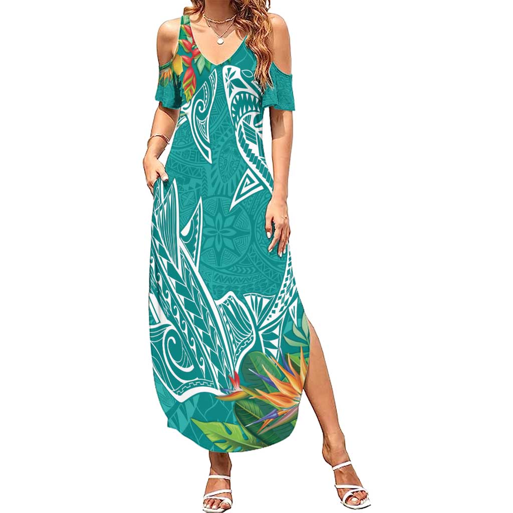 Polynesia Family Matching Summer Maxi Dress and Hawaiian Shirt Sharks Duo Tropical Teal
