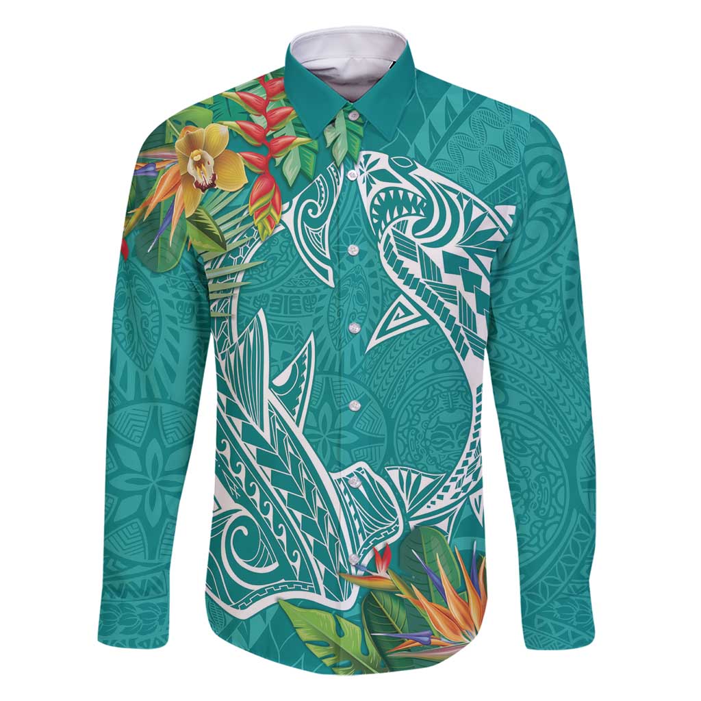 Polynesia Family Matching Tank Maxi Dress and Hawaiian Shirt Sharks Duo Tropical Teal