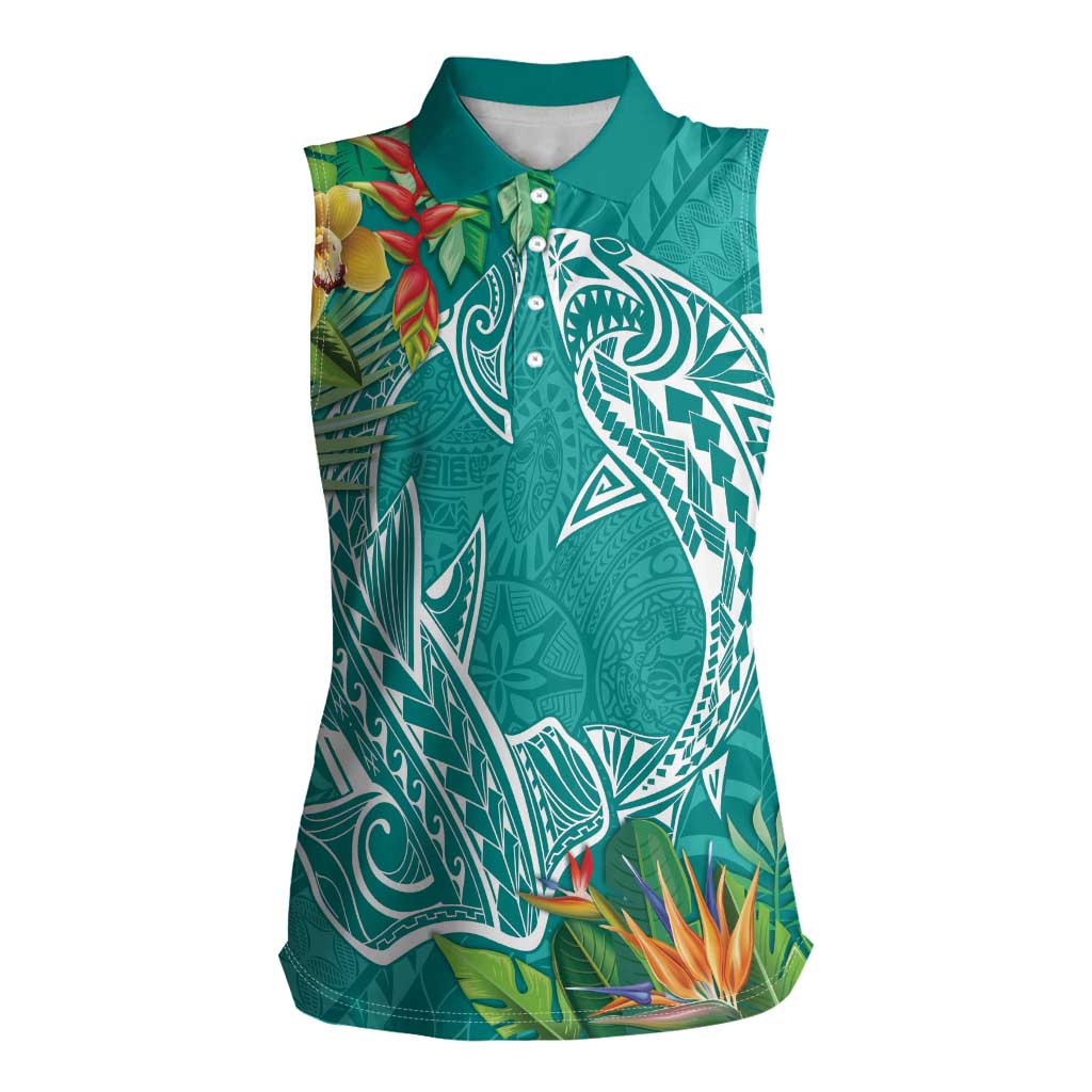 Polynesia Women Sleeveless Polo Shirt Sharks Duo Tropical Teal