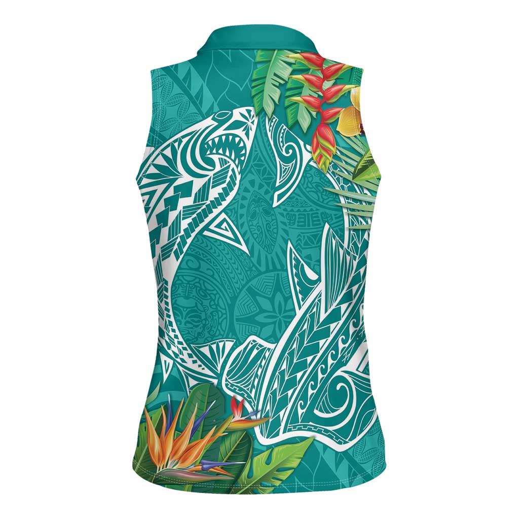 Polynesia Women Sleeveless Polo Shirt Sharks Duo Tropical Teal