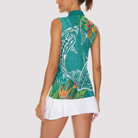 Polynesia Women Sleeveless Polo Shirt Sharks Duo Tropical Teal