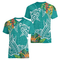 Polynesia Women V-Neck T-Shirt Sharks Duo Tropical Teal