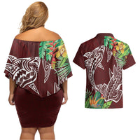 Polynesia Couples Matching Off Shoulder Short Dress and Hawaiian Shirt Sharks Duo Tropical Oxblood