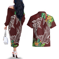 Polynesia Couples Matching Off The Shoulder Long Sleeve Dress and Hawaiian Shirt Sharks Duo Tropical Oxblood