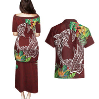 Polynesia Couples Matching Puletasi and Hawaiian Shirt Sharks Duo Tropical Oxblood
