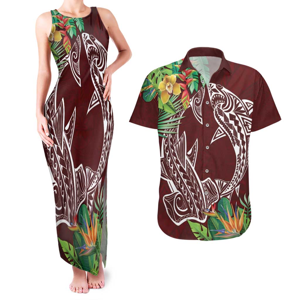 Polynesia Couples Matching Tank Maxi Dress and Hawaiian Shirt Sharks Duo Tropical Oxblood