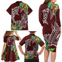 Polynesia Family Matching Long Sleeve Bodycon Dress and Hawaiian Shirt Sharks Duo Tropical Oxblood LT7 - Polynesian Pride