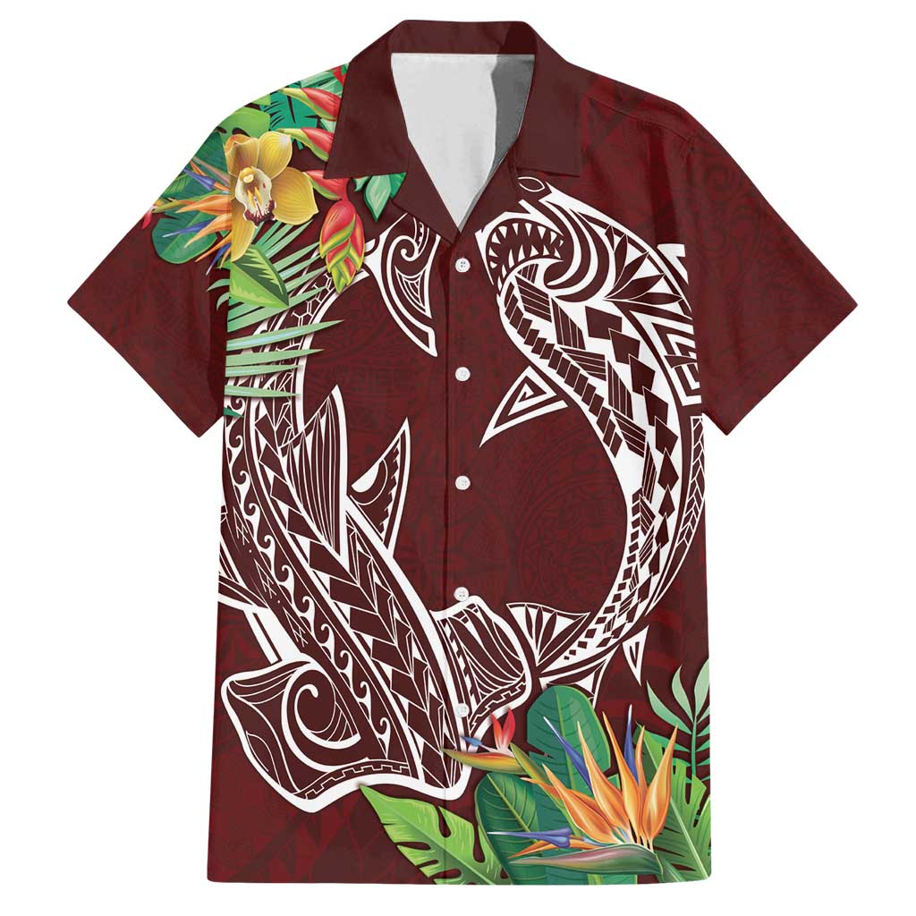 Polynesia Family Matching Long Sleeve Bodycon Dress and Hawaiian Shirt Sharks Duo Tropical Oxblood LT7 Dad's Shirt - Short Sleeve Oxblood - Polynesian Pride