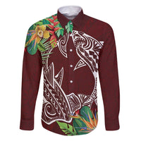 Polynesia Family Matching Long Sleeve Bodycon Dress and Hawaiian Shirt Sharks Duo Tropical Oxblood LT7 Dad's Shirt - Long Sleeve Oxblood - Polynesian Pride