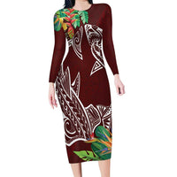 Polynesia Family Matching Long Sleeve Bodycon Dress and Hawaiian Shirt Sharks Duo Tropical Oxblood LT7 Mom's Dress Oxblood - Polynesian Pride
