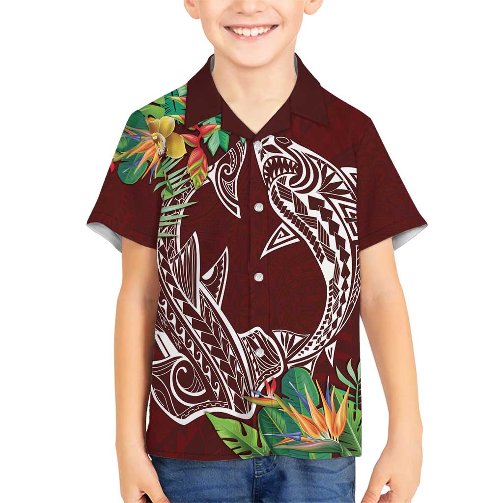 Polynesia Family Matching Long Sleeve Bodycon Dress and Hawaiian Shirt Sharks Duo Tropical Oxblood LT7 Son's Shirt Oxblood - Polynesian Pride