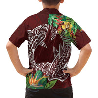 Polynesia Family Matching Off The Shoulder Long Sleeve Dress and Hawaiian Shirt Sharks Duo Tropical Oxblood LT7 - Polynesian Pride