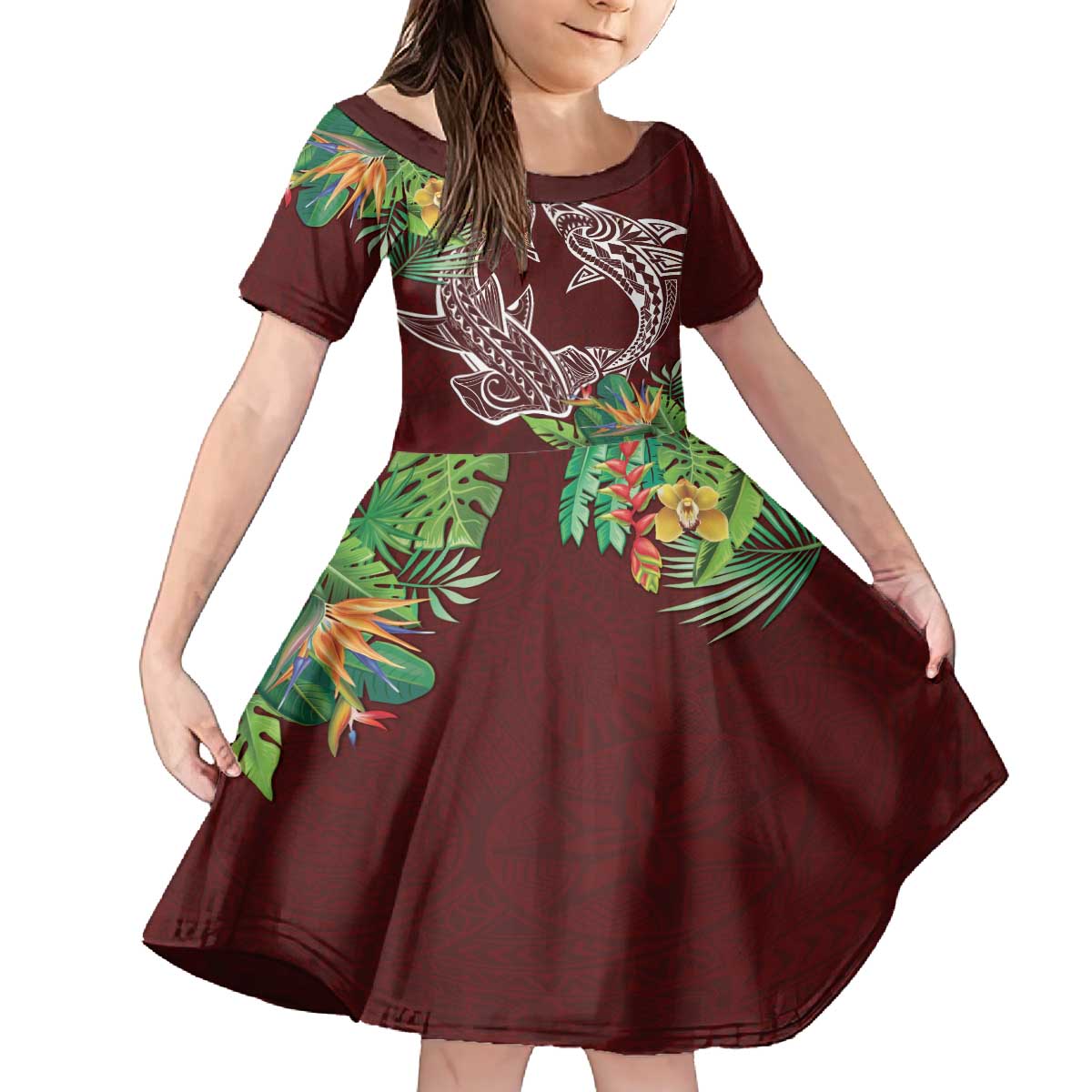Polynesia Family Matching Off The Shoulder Long Sleeve Dress and Hawaiian Shirt Sharks Duo Tropical Oxblood LT7 Daughter's Dress Oxblood - Polynesian Pride