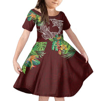Polynesia Family Matching Off The Shoulder Long Sleeve Dress and Hawaiian Shirt Sharks Duo Tropical Oxblood LT7 Daughter's Dress Oxblood - Polynesian Pride