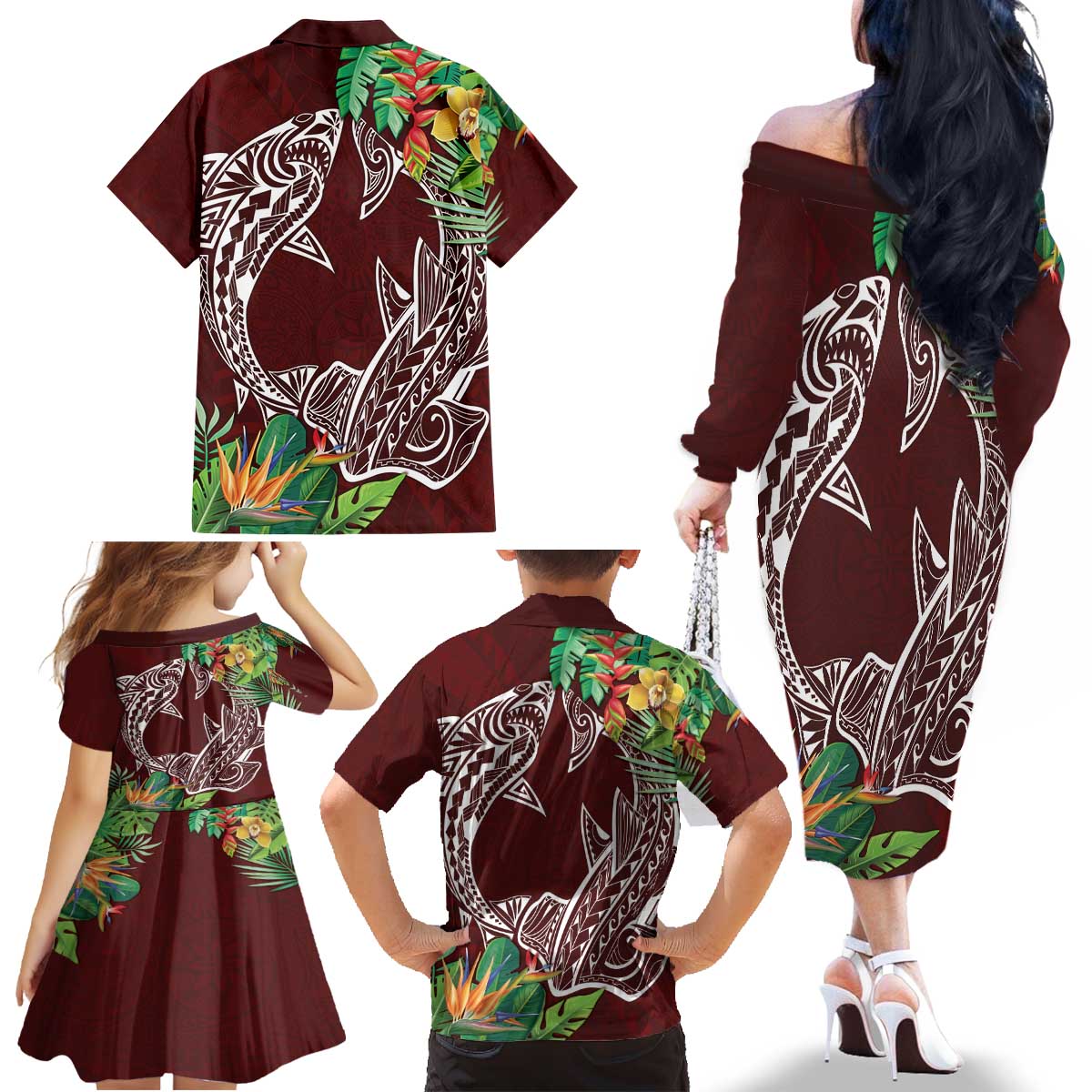 Polynesia Family Matching Off The Shoulder Long Sleeve Dress and Hawaiian Shirt Sharks Duo Tropical Oxblood LT7 - Polynesian Pride