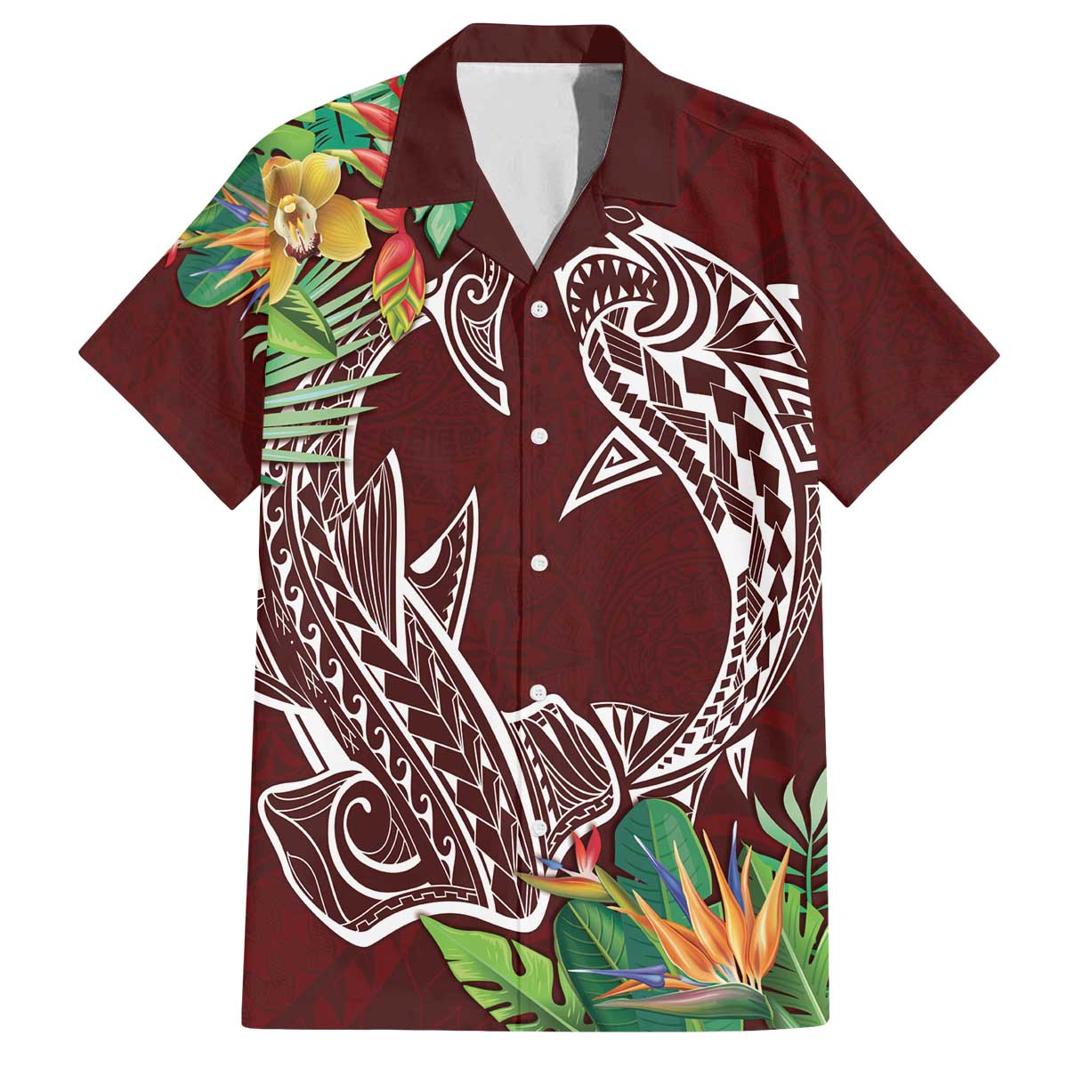 Polynesia Family Matching Off The Shoulder Long Sleeve Dress and Hawaiian Shirt Sharks Duo Tropical Oxblood LT7 Dad's Shirt - Short Sleeve Oxblood - Polynesian Pride