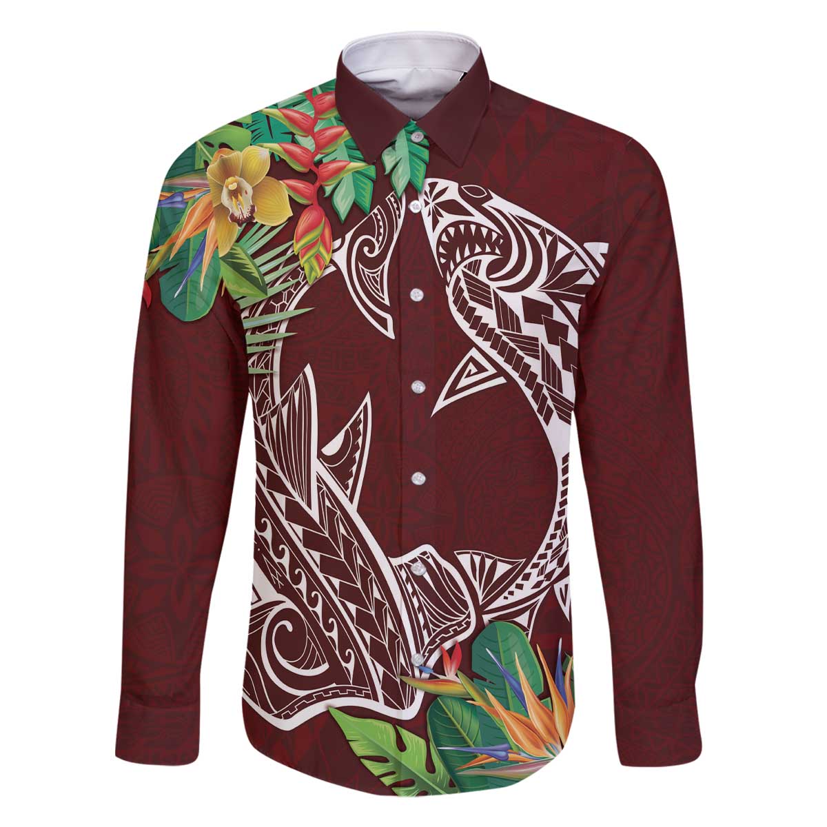 Polynesia Family Matching Off The Shoulder Long Sleeve Dress and Hawaiian Shirt Sharks Duo Tropical Oxblood LT7 Dad's Shirt - Long Sleeve Oxblood - Polynesian Pride