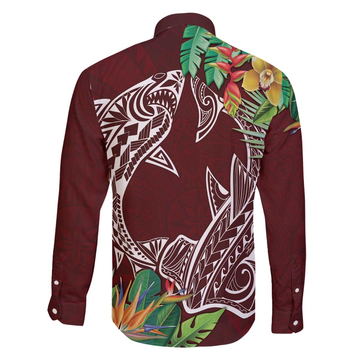 Polynesia Family Matching Off The Shoulder Long Sleeve Dress and Hawaiian Shirt Sharks Duo Tropical Oxblood LT7 - Polynesian Pride