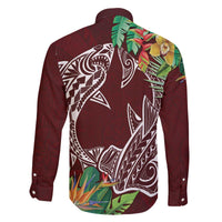 Polynesia Family Matching Off The Shoulder Long Sleeve Dress and Hawaiian Shirt Sharks Duo Tropical Oxblood LT7 - Polynesian Pride