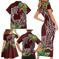 Polynesia Family Matching Short Sleeve Bodycon Dress and Hawaiian Shirt Sharks Duo Tropical Oxblood