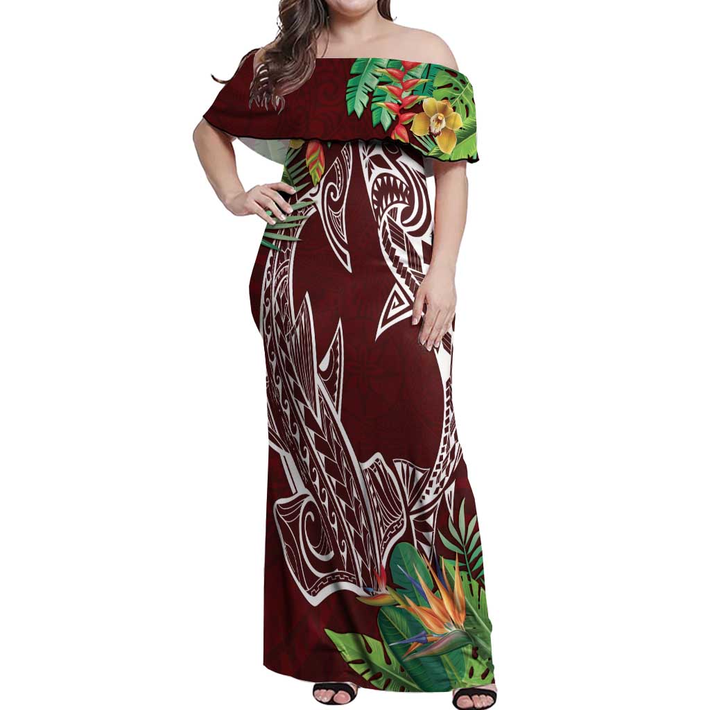 Polynesia Off Shoulder Maxi Dress Sharks Duo Tropical Oxblood