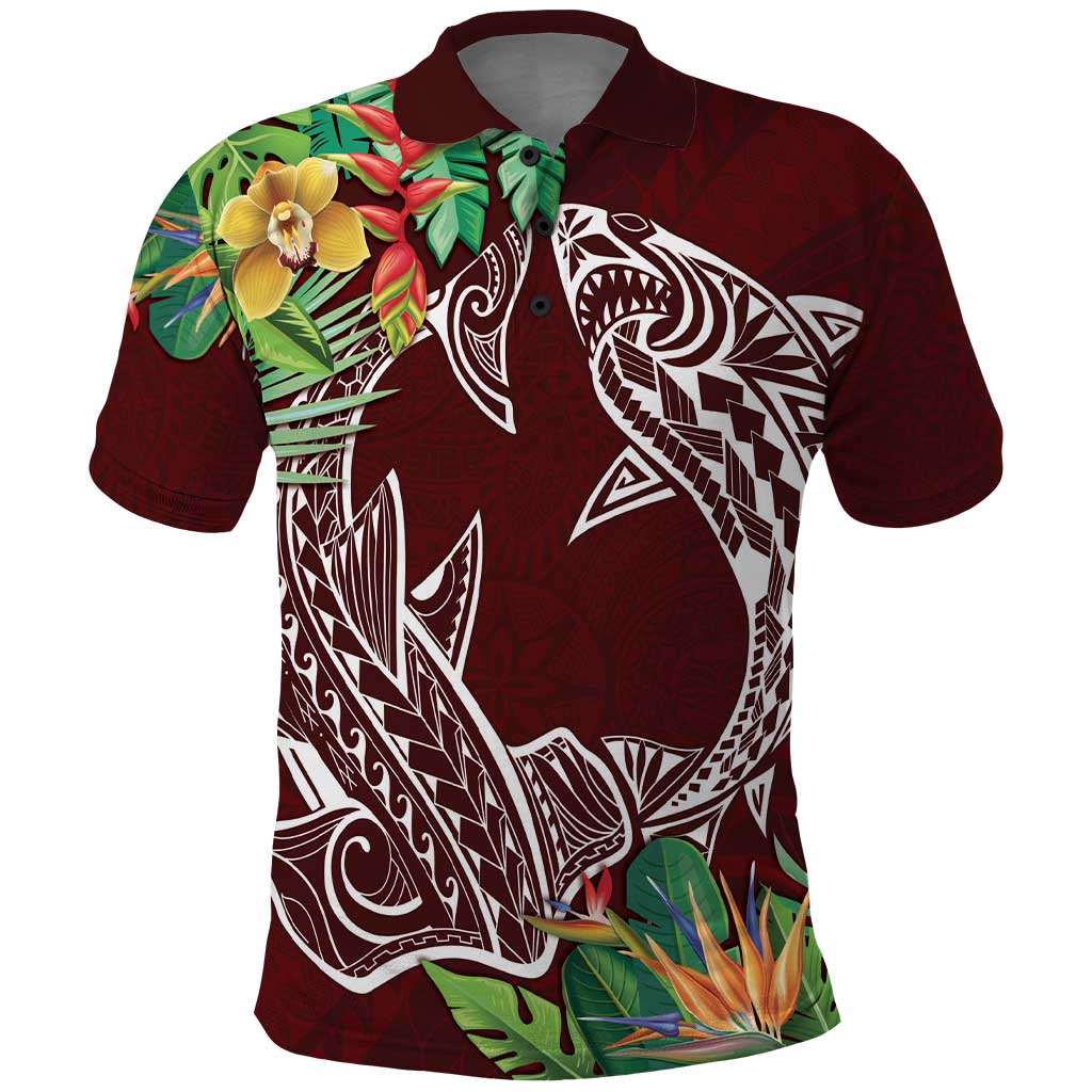 Polynesia Polo Shirt Sharks Duo Tropical Oxblood