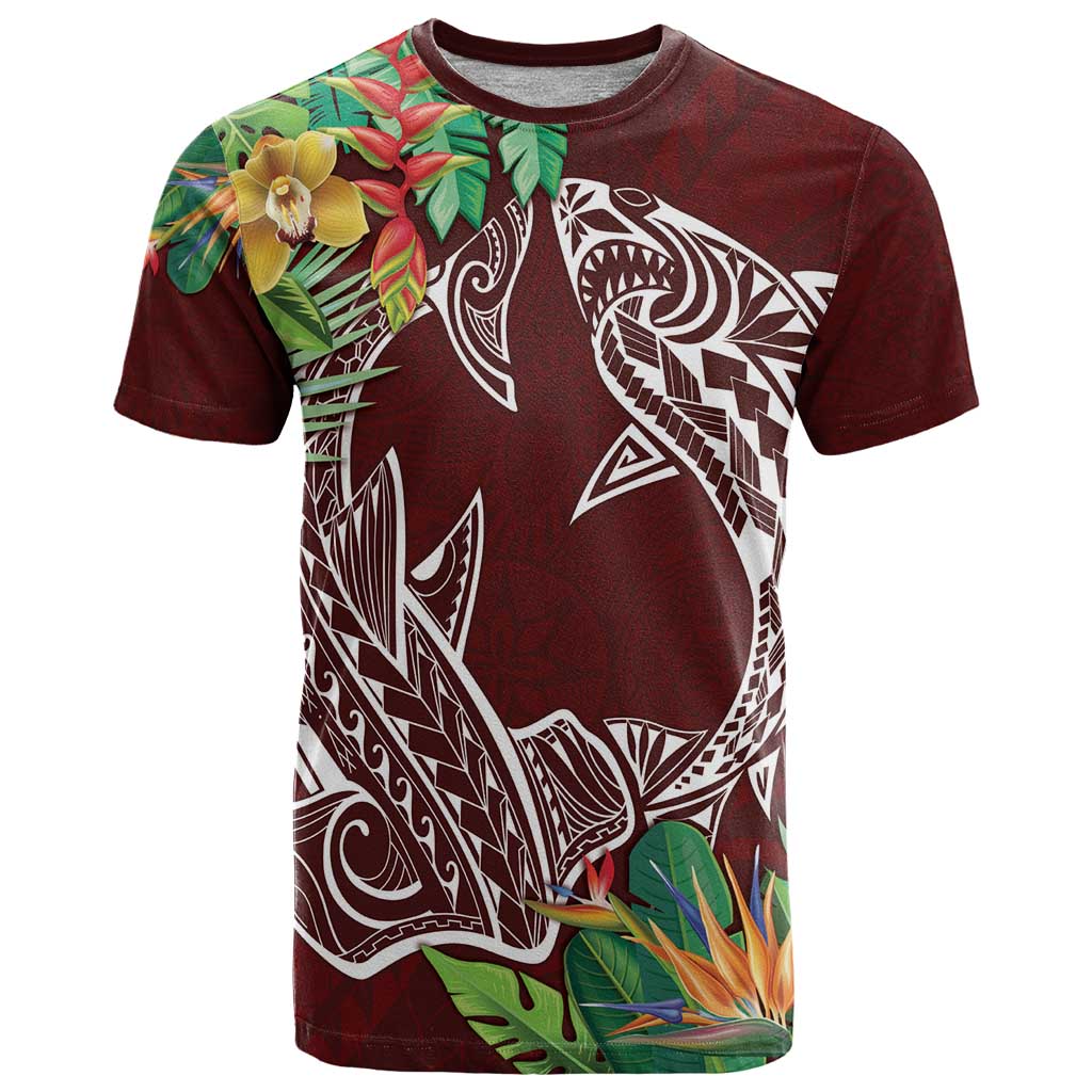 Polynesia T Shirt Sharks Duo Tropical Oxblood