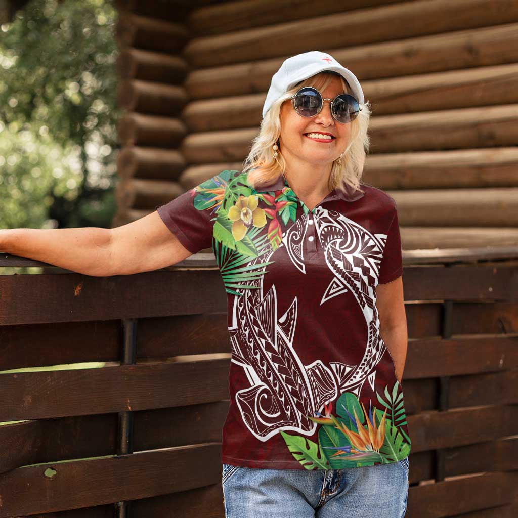 Polynesia Women Polo Shirt Sharks Duo Tropical Oxblood